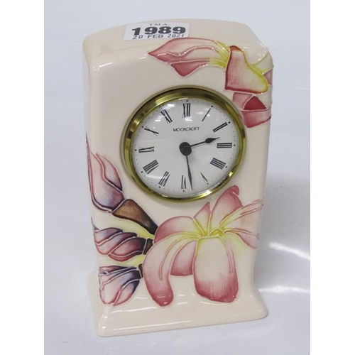 1989 - MOORCROFT FRANGIPAINI CLOCK BY EMMA BOSSOMS, 15CM H