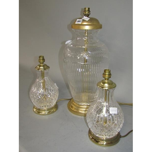 1997 - LARGE WATERFORD CRYSTAL TABLE LAMP TOGETHER WITH A SMALLER PAIR, LARGEST 53CM H INCL FITTINGS