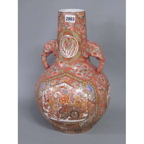 2003 - ORIENTAL CERAMIC VASE WITH ELEPHANT HEAD HANDLES, 41CM H