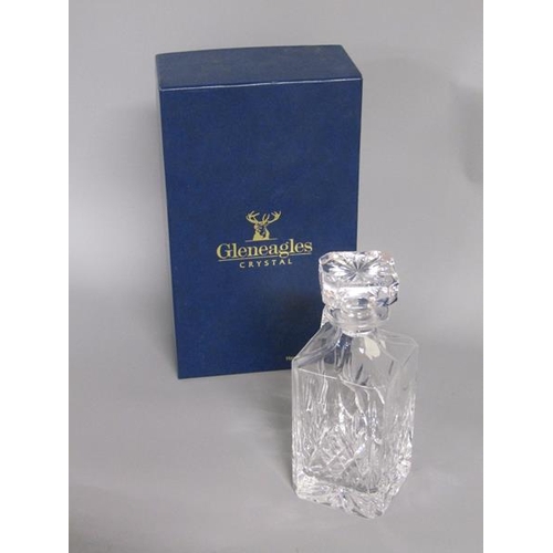 2020 - GLENEAGLES CRYSTAL SQUARE BASE DECANTER AND STOPPER IN ORIGINAL BOX, 22CM H