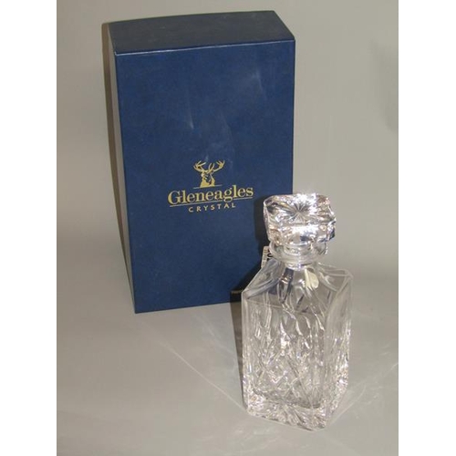 2020 - GLENEAGLES CRYSTAL SQUARE BASE DECANTER AND STOPPER IN ORIGINAL BOX, 22CM H