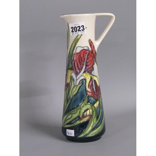 2023 - MOORCROFT COLLECTORS CLUB JUG WITH IRIS DESIGN, 22CM H - SMALL CHIP ON SPOUT