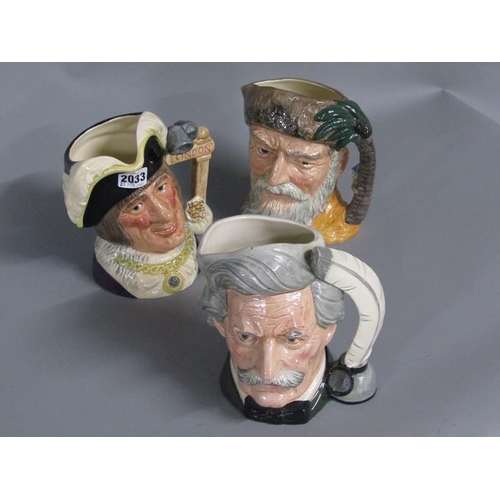 2033 - THREE LARGE ROYAL DOULTON CHARACTER JUGS - DICK WHITTINGTON, MARK TWAIN & ROBINSON CRUSOE, LARGEST 1... 