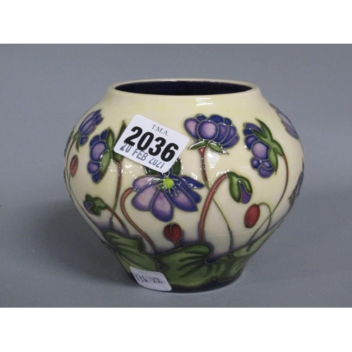 2036 - MOORCROFT HEPATICA VASE BY EMMA BOSSONS, 10CM H