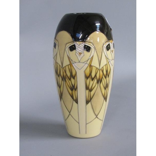 2037 - MOORCROFT VASE TUBE LINE DECORATED WITH OWLS, 17CM H