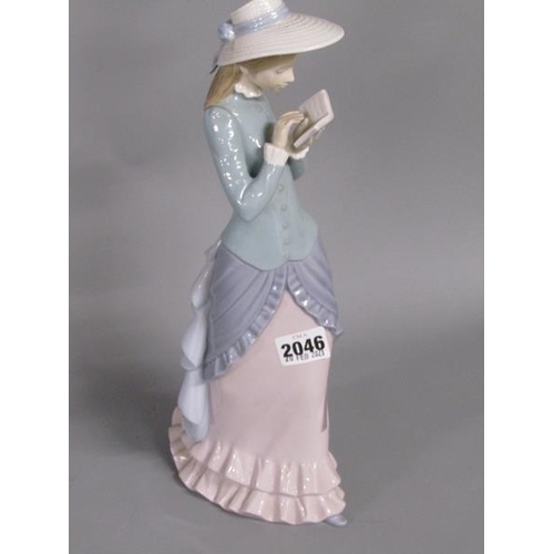 2046 - LLADRO PORCELAIN FIGURE - GIRL READING WEARING BONNET, 35CM H