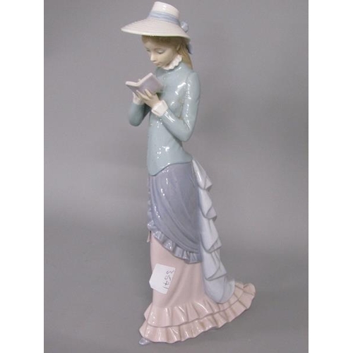 2046 - LLADRO PORCELAIN FIGURE - GIRL READING WEARING BONNET, 35CM H