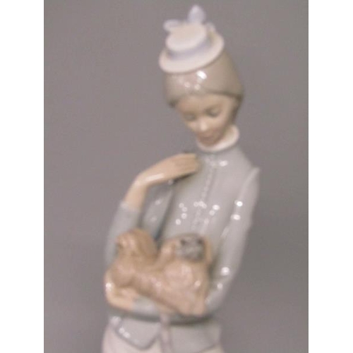 2047 - LLADRO PORCELAIN FIGURE - LADY WITH DOG, 37CM H