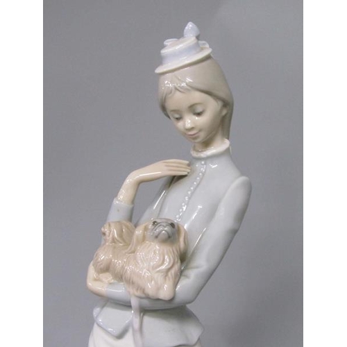 2047 - LLADRO PORCELAIN FIGURE - LADY WITH DOG, 37CM H