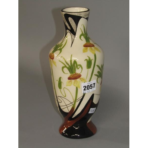 2057 - BLACK RYDEN VASE DECORATED WITH YELLOW FLOWERS, 25CM H