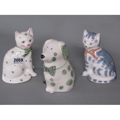 2059 - THREE RYE POTTERY ANIMALS - TWO CATS & DOG, DOG 14CM H