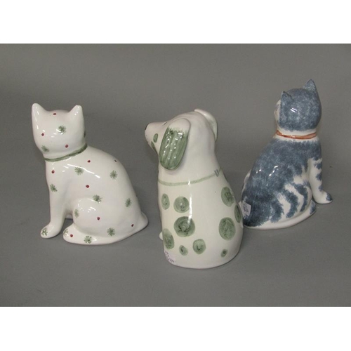 2059 - THREE RYE POTTERY ANIMALS - TWO CATS & DOG, DOG 14CM H