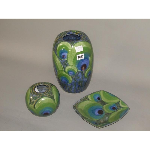 2062 - TWO DARTINGTON POTTERY VASES; DISH PEACOCK DESIGN, LARGEST 27CM H