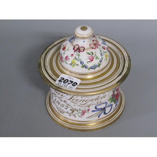 2070 - MID 19C PORCELAIN TOBACCO JAR, HAND PAINTED FLORAL DECORATION, NAMED WILLIAM HENRY, LANGDON 1857, A/... 