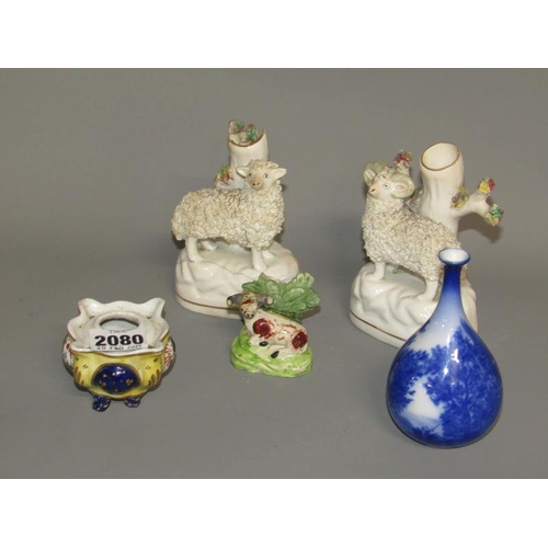 2080 - PAIR OF 19C STAFFORDSHIRE POSY VASES 13CM H; CREAMWARE BULL INK STAND; CONTINENTAL PORCELAIN VASE,