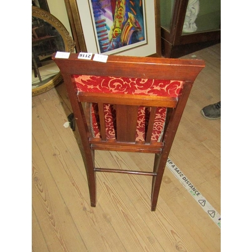 2116 - LATE 19/EARLY 20c MAHOGANY CHILDS CHAIR WITH UPHOLSTERED BACK PANEL AND SEAT 77cms H