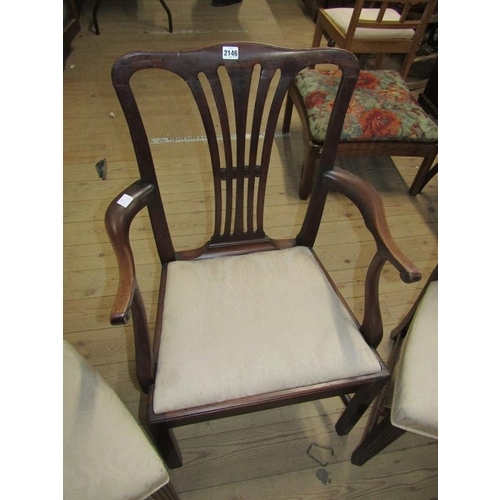 2146 - MAHOGANY FRAMED GEORGIAN STYLE OPEN ARM CHAIR WITH PIERCED BAR SPLAT TOGETHER WITH TWO SINGLE CHAIRS... 