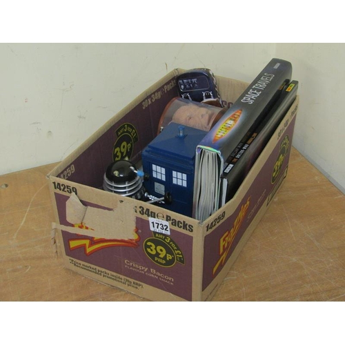 1732 - BOX OF DOCTOR WHO MEMORABILIA, TARDIS, DALEK BOOKS ETC.