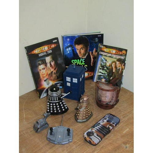 1732 - BOX OF DOCTOR WHO MEMORABILIA, TARDIS, DALEK BOOKS ETC.