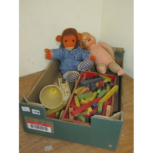 1738 - TWO BOXES OF VINTAGE TOYS AND GAMES, MODEL CAR, DOLLS, SOFT TOYS ETC.