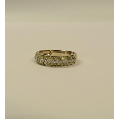 107 - Gold half eternity ring set with fancy yellow and white diamonds - ring size N/O