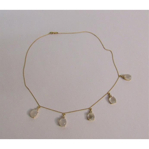 113 - An 18ct yellow gold necklet with Moonstone and diamond droplets