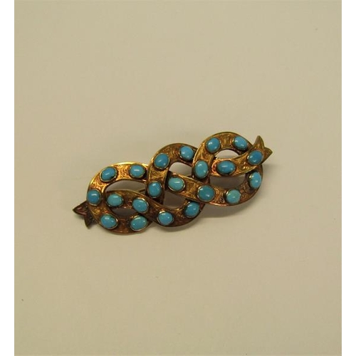 156 - A gold turquoise bead set brooch of guilloche form, 9g, 6cm w.