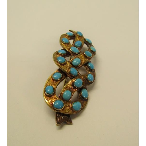 156 - A gold turquoise bead set brooch of guilloche form, 9g, 6cm w.