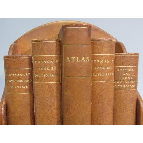 1 - An early 20c Fortnum & Mason brown leather bound reference library of six books comprising a Diction... 