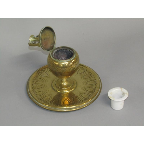 31 - A 19c gilt bronze inkwell of baluster form with a hinged two handled cover, supported on a circular ... 