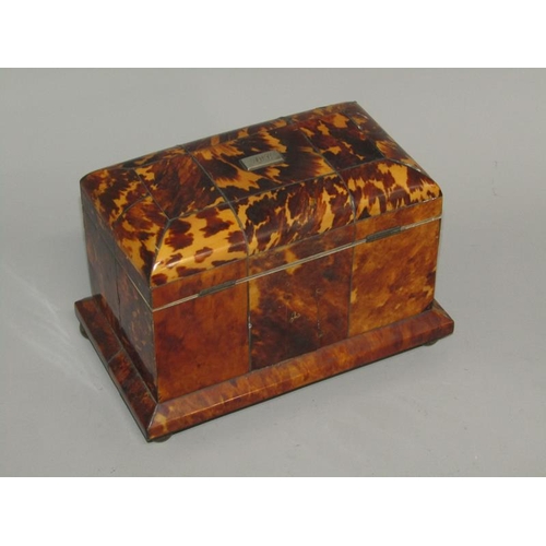 38 - A late Georgian tortoiseshell two compartment tea caddy of serpentine form, the front panels with mo... 