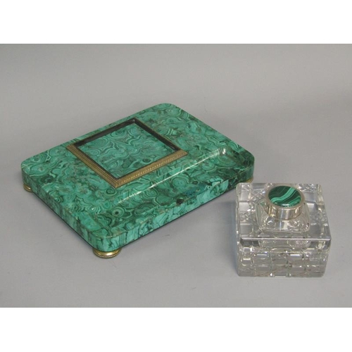 40 - A 19c malachite ink stand supporting a cut glass well with a hinged malachite mounted cover within a... 