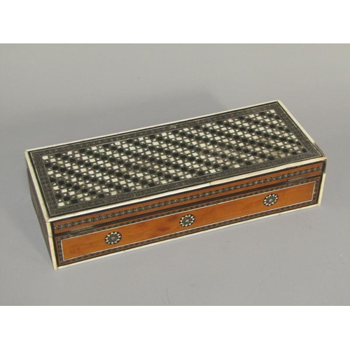 59 - A 19c Indian sandalwood white and coloured mosaic bone decorated box of rectangular form with hinged... 