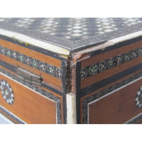 59 - A 19c Indian sandalwood white and coloured mosaic bone decorated box of rectangular form with hinged... 