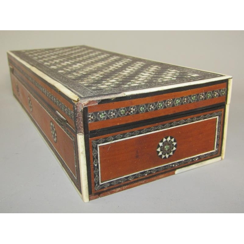 59 - A 19c Indian sandalwood white and coloured mosaic bone decorated box of rectangular form with hinged... 