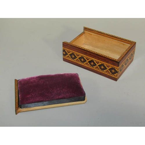 63 - A late 19c/early 20c Tunbridgeware rosewood pin box with a pin cushion sliding cover, the box decora... 