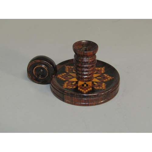 64 - A late 19c/early 20c Tunbridgeware rosewood miniature chamberstick, base 4cm diam.