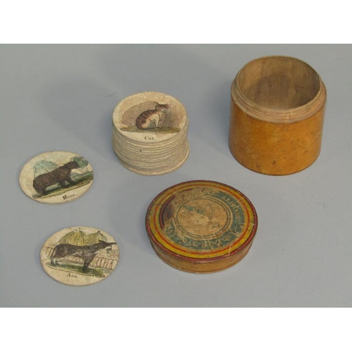 65 - A late 19c/early 20c box wood boxed set of alphabet natural history counters 5cm diam, the cylindric... 