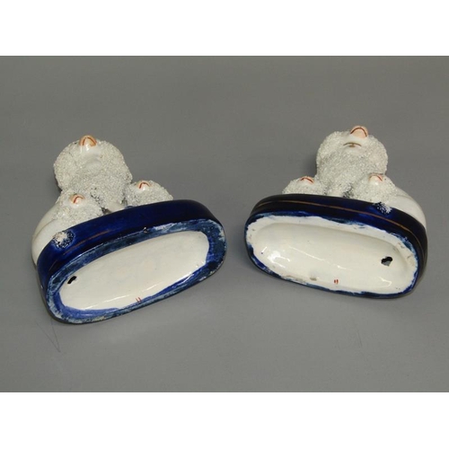 267 - A pair of 19c Staffordshire figures of poodles with pups on oval cobalt blue bases, 13.5cm h.