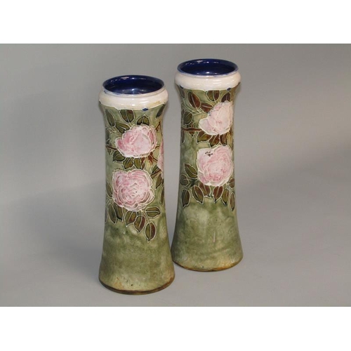 287 - A pair of Doulton Lambeth stoneware vases by Lily Partington, cylindrical waisted form, tube line de... 