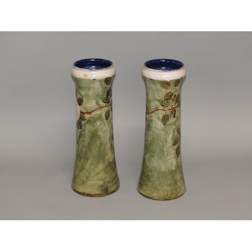 287 - A pair of Doulton Lambeth stoneware vases by Lily Partington, cylindrical waisted form, tube line de... 