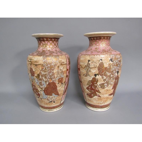 263 - A pair of Japanese Meiji period large baluster vases of pink beaded ground decorated with figurative... 