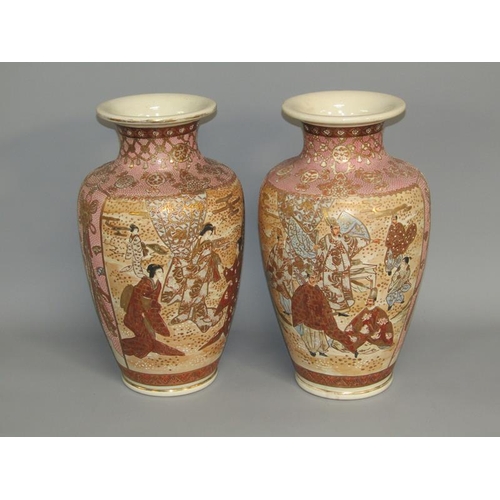 263 - A pair of Japanese Meiji period large baluster vases of pink beaded ground decorated with figurative... 