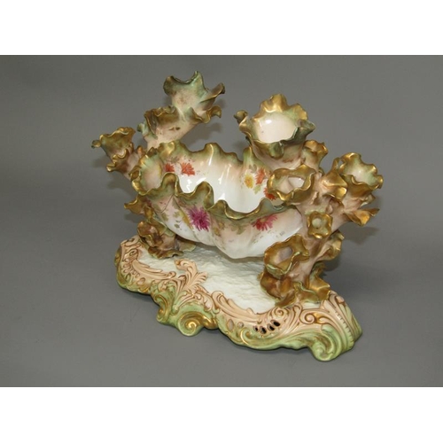 272 - A 19c Moore centre piece bowl with leaf candle holders on a shaped and pierced base decorated with f... 