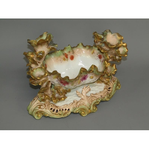 272 - A 19c Moore centre piece bowl with leaf candle holders on a shaped and pierced base decorated with f... 