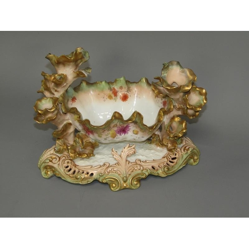 272 - A 19c Moore centre piece bowl with leaf candle holders on a shaped and pierced base decorated with f... 