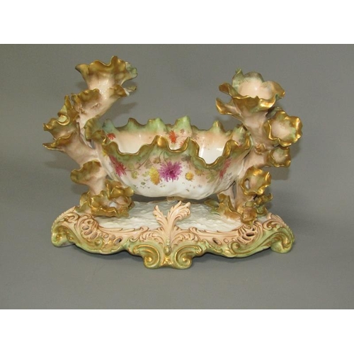 272 - A 19c Moore centre piece bowl with leaf candle holders on a shaped and pierced base decorated with f... 