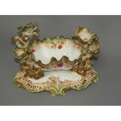 272 - A 19c Moore centre piece bowl with leaf candle holders on a shaped and pierced base decorated with f... 