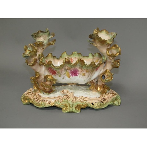 272 - A 19c Moore centre piece bowl with leaf candle holders on a shaped and pierced base decorated with f... 