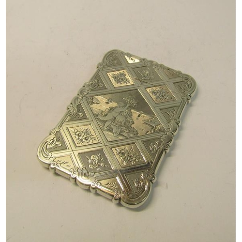 212 - A mid Victorian silver visiting card case, diamond panels chased with a central panel depicting a ch... 